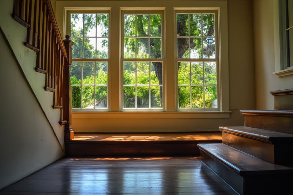 Interior stairwell with tall custom storm windows and original wood trim